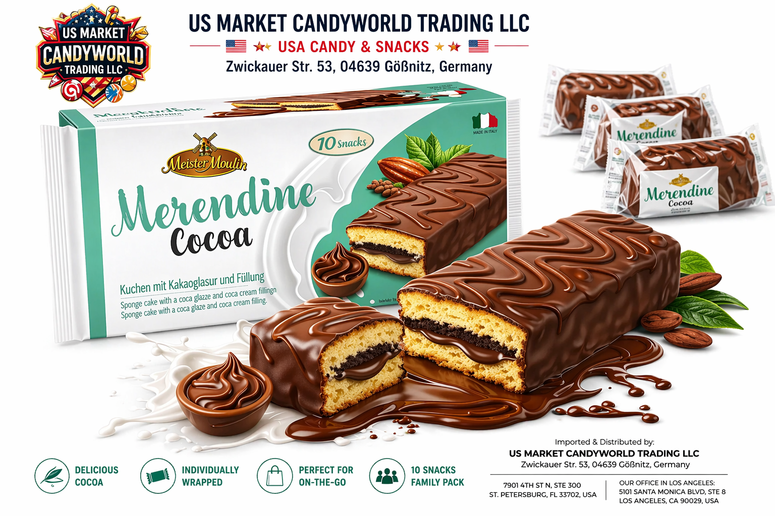 Merendine Cocoa – Kuchen mit Kakaofüllung & Schokoladenglasur (10 Stück) 🍫 – Florida Candy