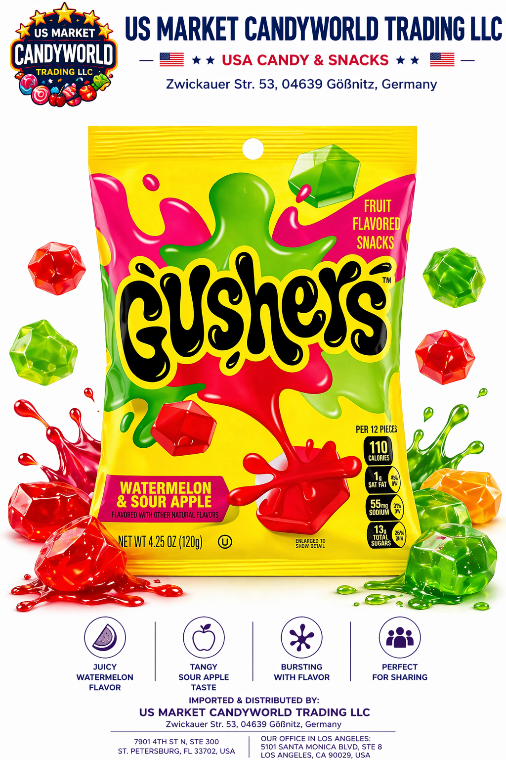 Gushers Watermelon & Sour Apple – Fruit Flavored Snacks (120 g) -(USA-Import) – Florida Candy
