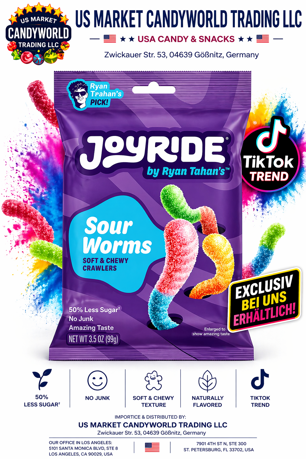 Joyride Low Sugar Sour Worm Crawlers Süßigkeiten 3,5 oz (99g) - (USA) - "Exklusiv bei uns" – Florida Candy