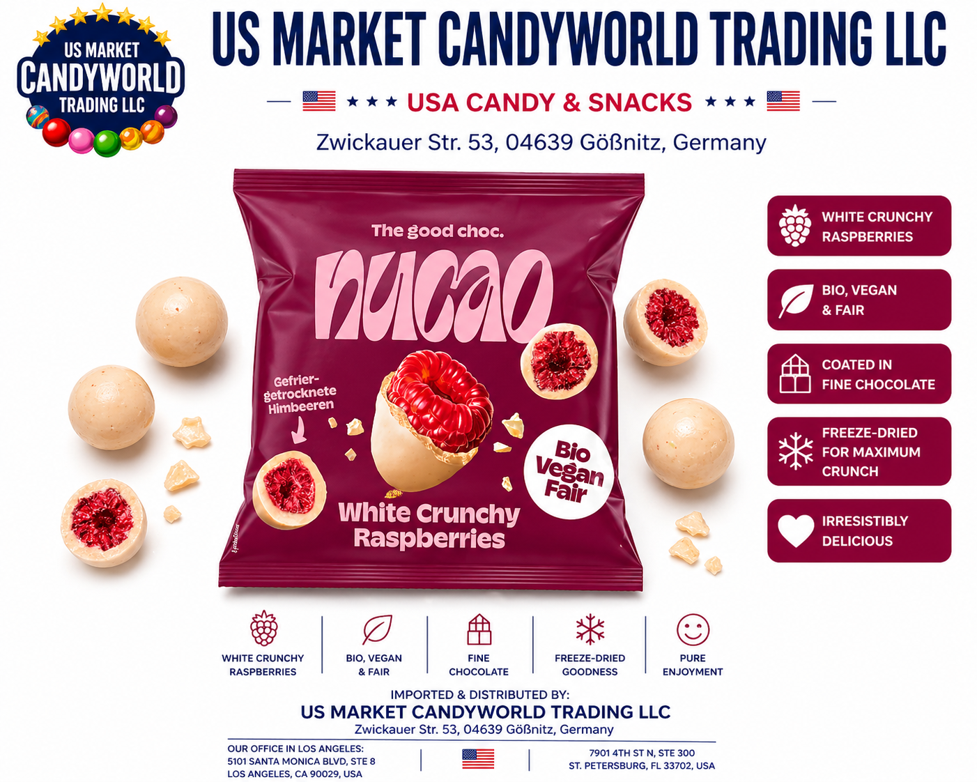 NUCAO White Crunchy Raspberries – Weiße Schokolade mit gefriergetrockneten Himbeeren (Bio, Vegan) 1,76oz / 50g – Florida Candy