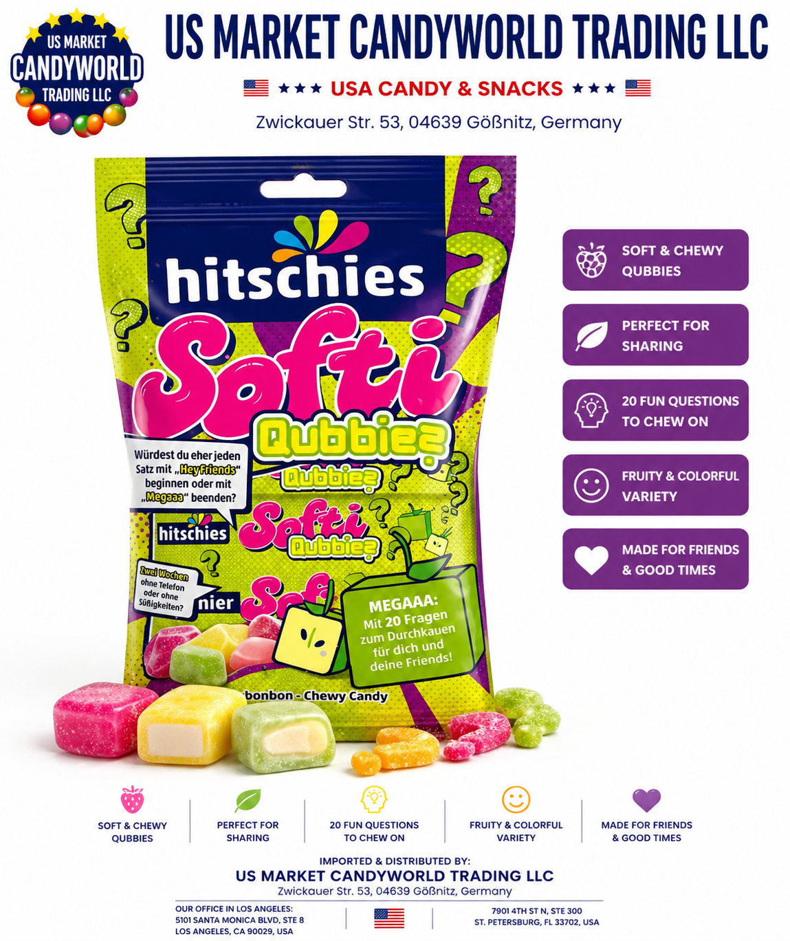 hitschies Softi Qubbies – Einzeltüte Fruchtige Kaubonbons mit weichem Kern & interaktivem Fun-Faktor 2,82oz / 80g – Florida Candy