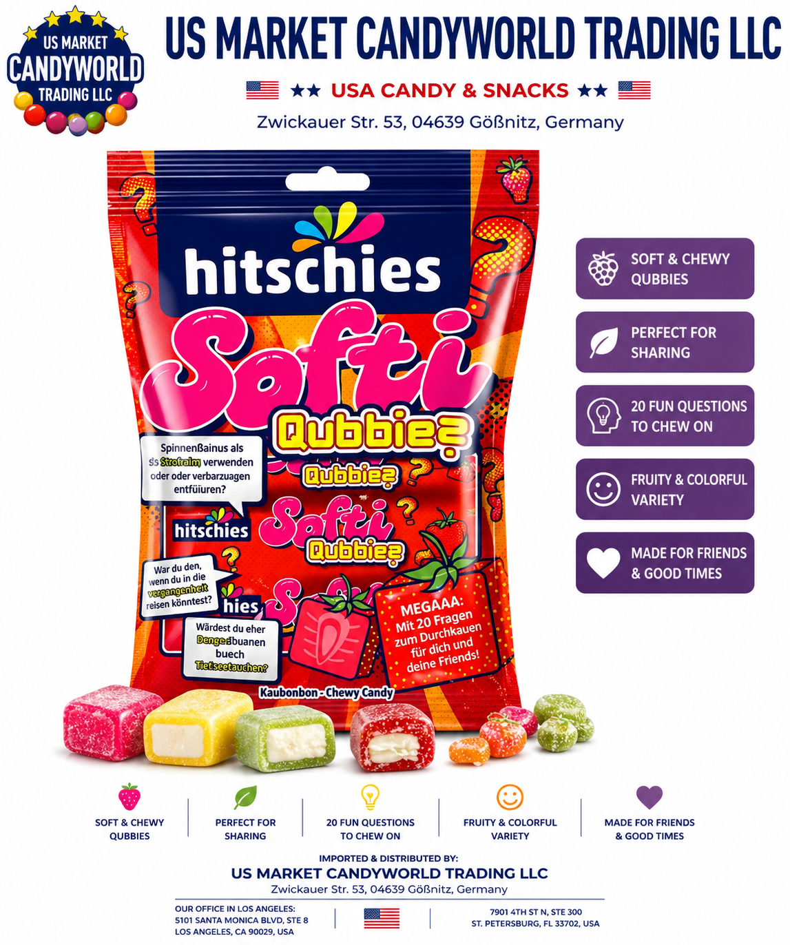 hitschies Softi Qubbies Strawberry – Fruchtige Kaubonbons mit softem Kern & Erdbeer-Geschmack 2,82oz / 80g – Florida Candy